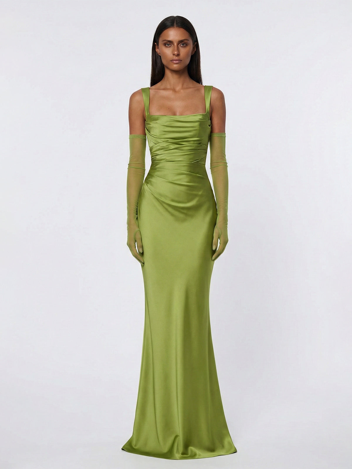Corset-Back Satin-Finish Mesh-Draped Maxi Dress