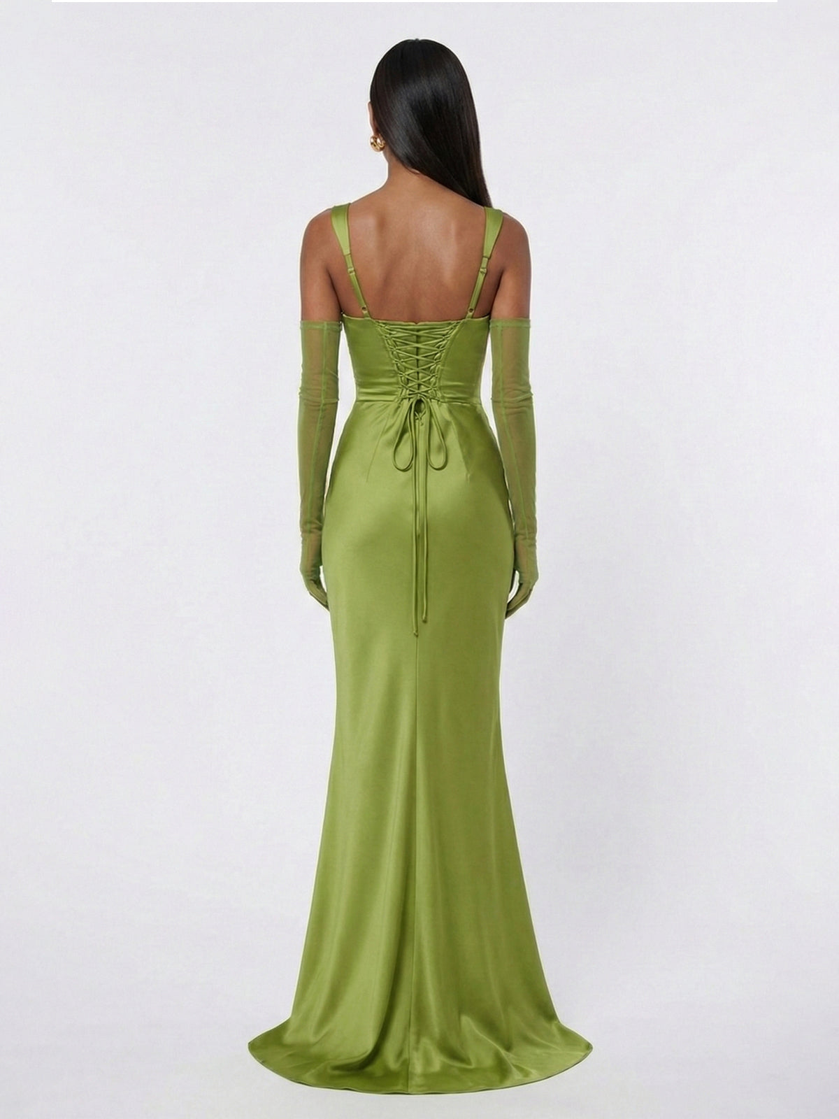 Corset-Back Satin-Finish Mesh-Draped Maxi Dress