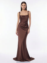 Corset-Back Satin-Finish Mesh-Draped Maxi Dress