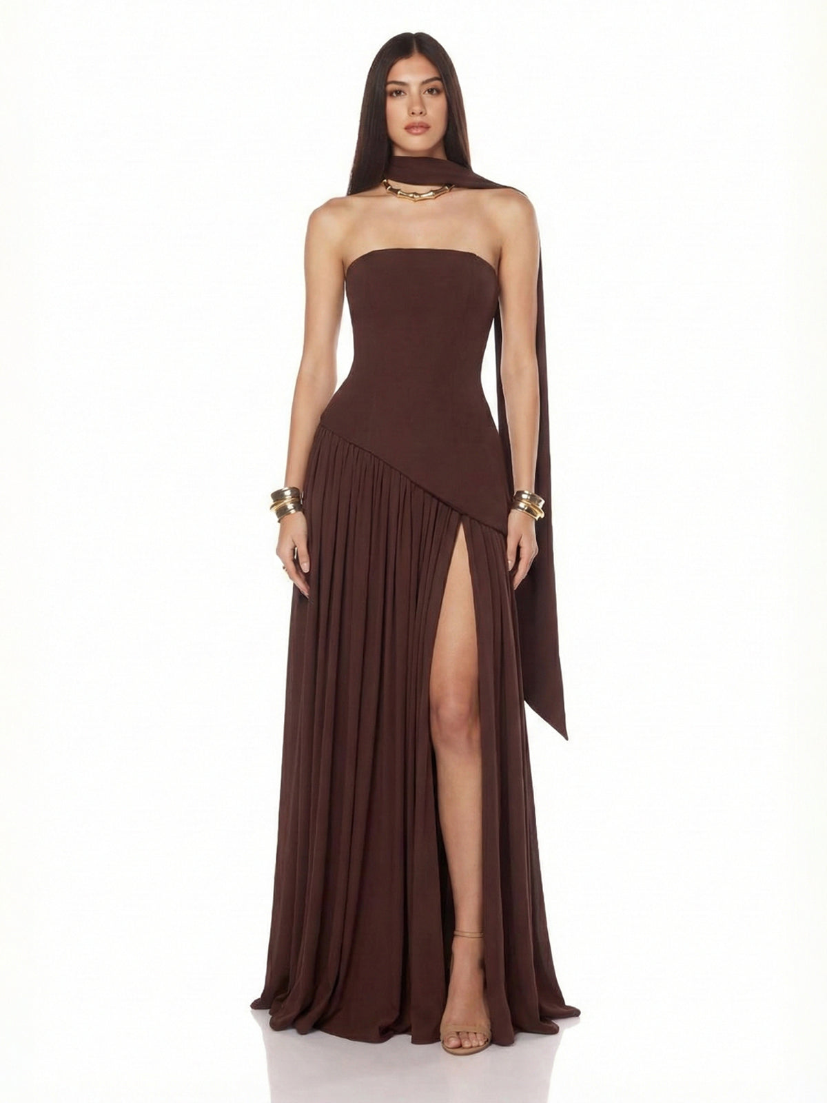 Ethereal Strapless Corset-Back High-Slit Maxi Dress