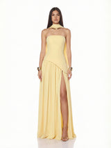 Ethereal Strapless Corset-Back High-Slit Maxi Dress