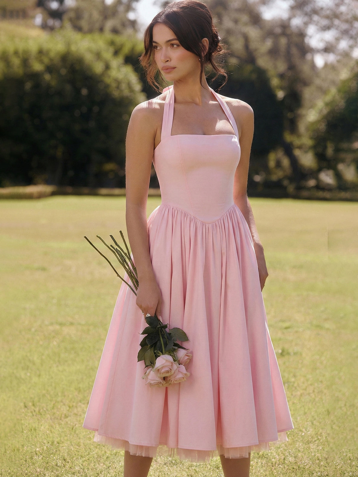 Halter Square-Neck Corset-Back Tulle-Trim Midi Dress