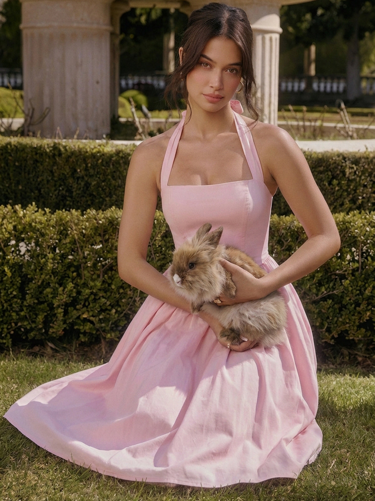 Halter Square-Neck Corset-Back Tulle-Trim Midi Dress