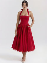 Halter Square-Neck Corset-Back Tulle-Trim Midi Dress