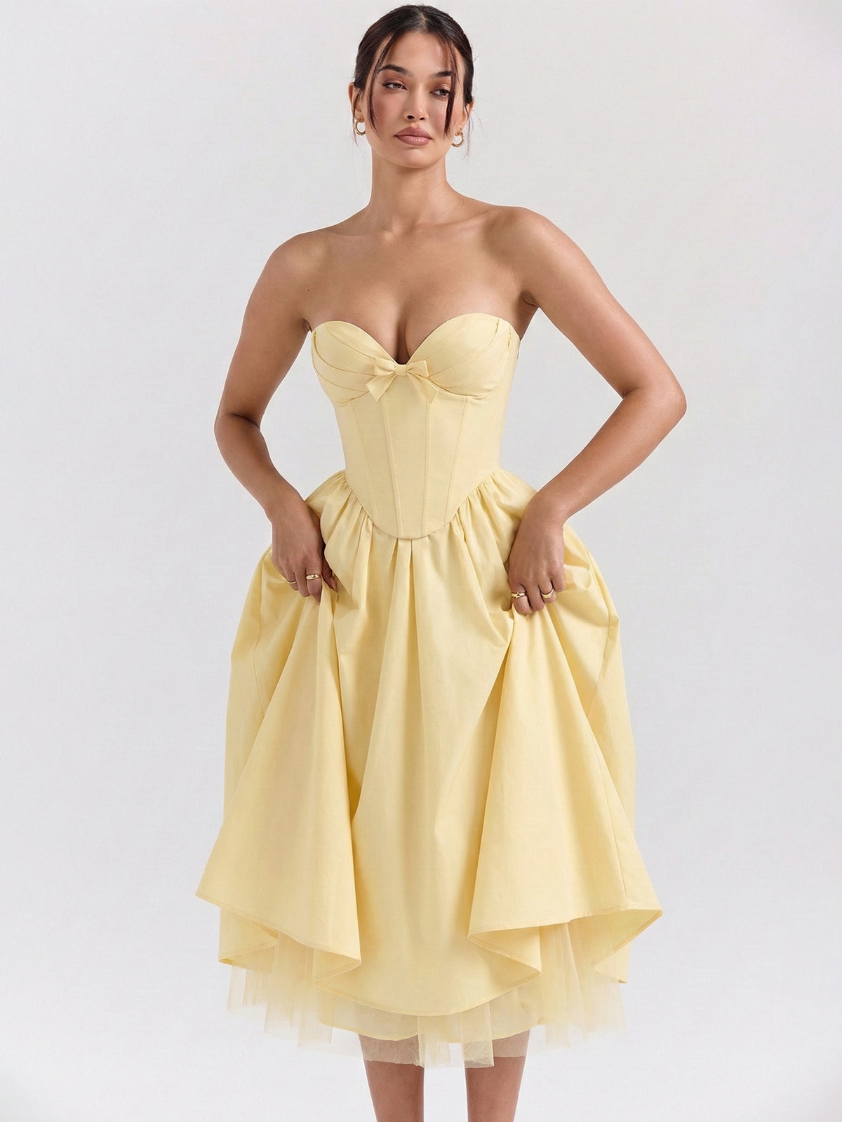 Sweetheart Corset Voluminous Tulle-Trim Midi Dress