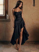 Cowl-Neck Satin Criss-Cross Corset Ruffled Maxi Dress