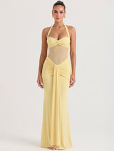 Sheer-Waist Halter Ruched Draped Maxi Dress