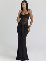 Sheer-Waist Halter Ruched Draped Maxi Dress