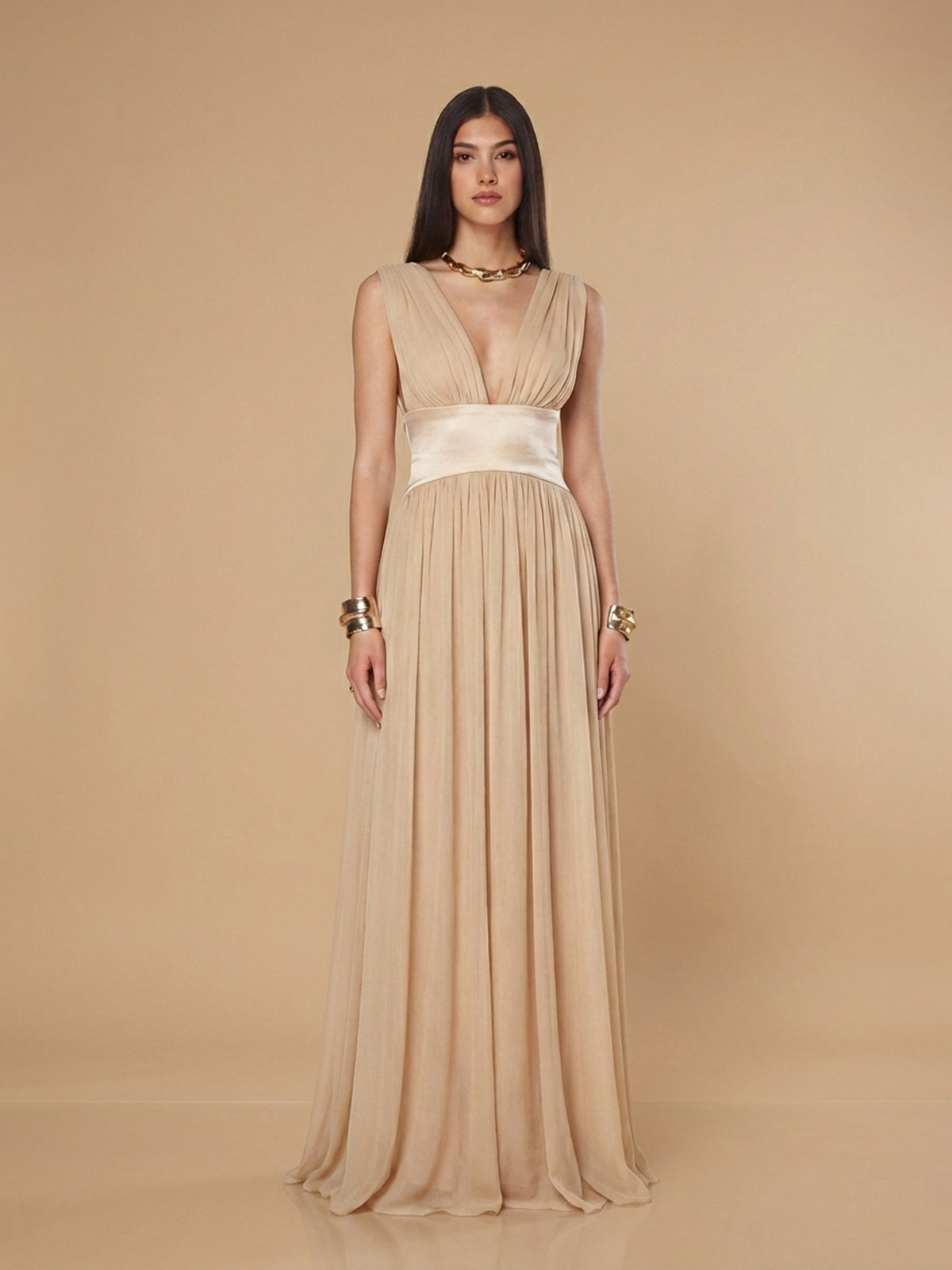 Deep V-Neck Grecian Pleated Flowy Maxi Dress