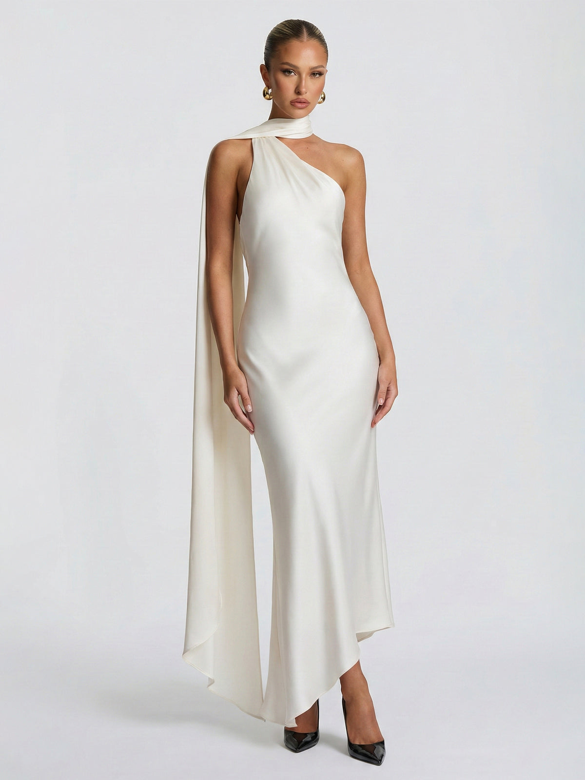 Halter Drape One-Shoulder Criss-Cross Maxi Dress