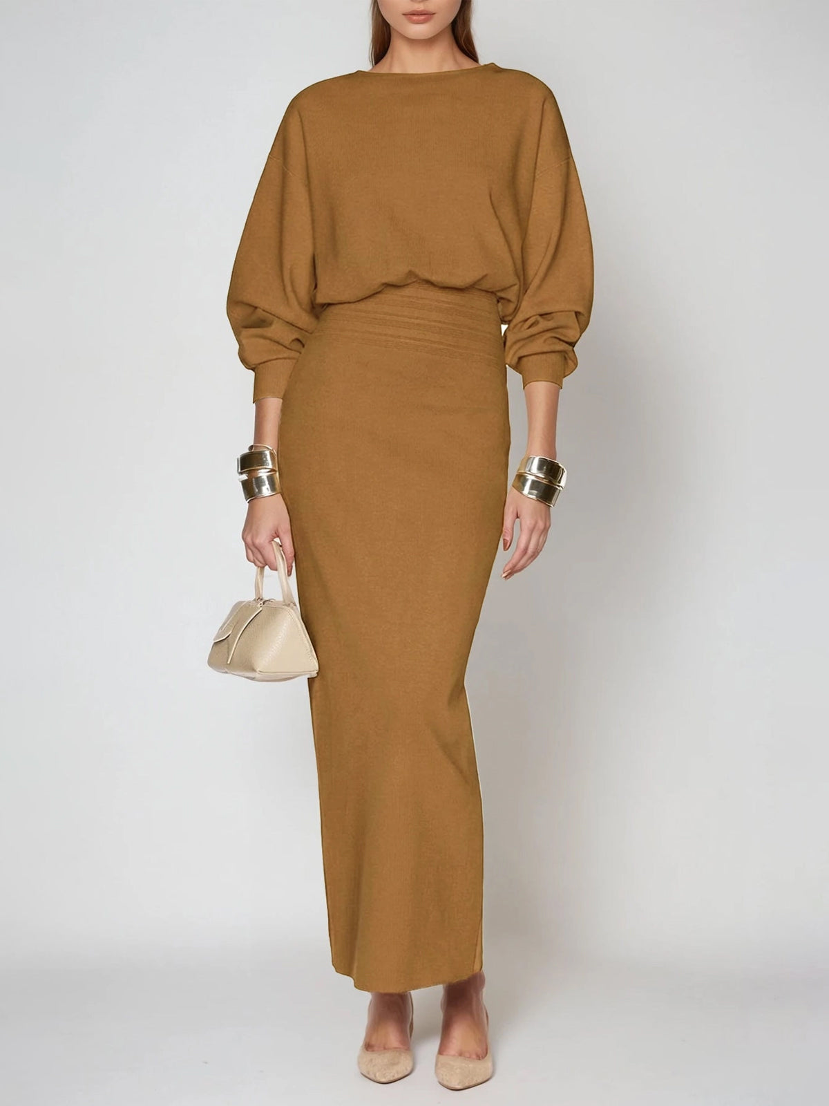 Architectural Dolman-Sleeve Column Maxi Dress - Khaki