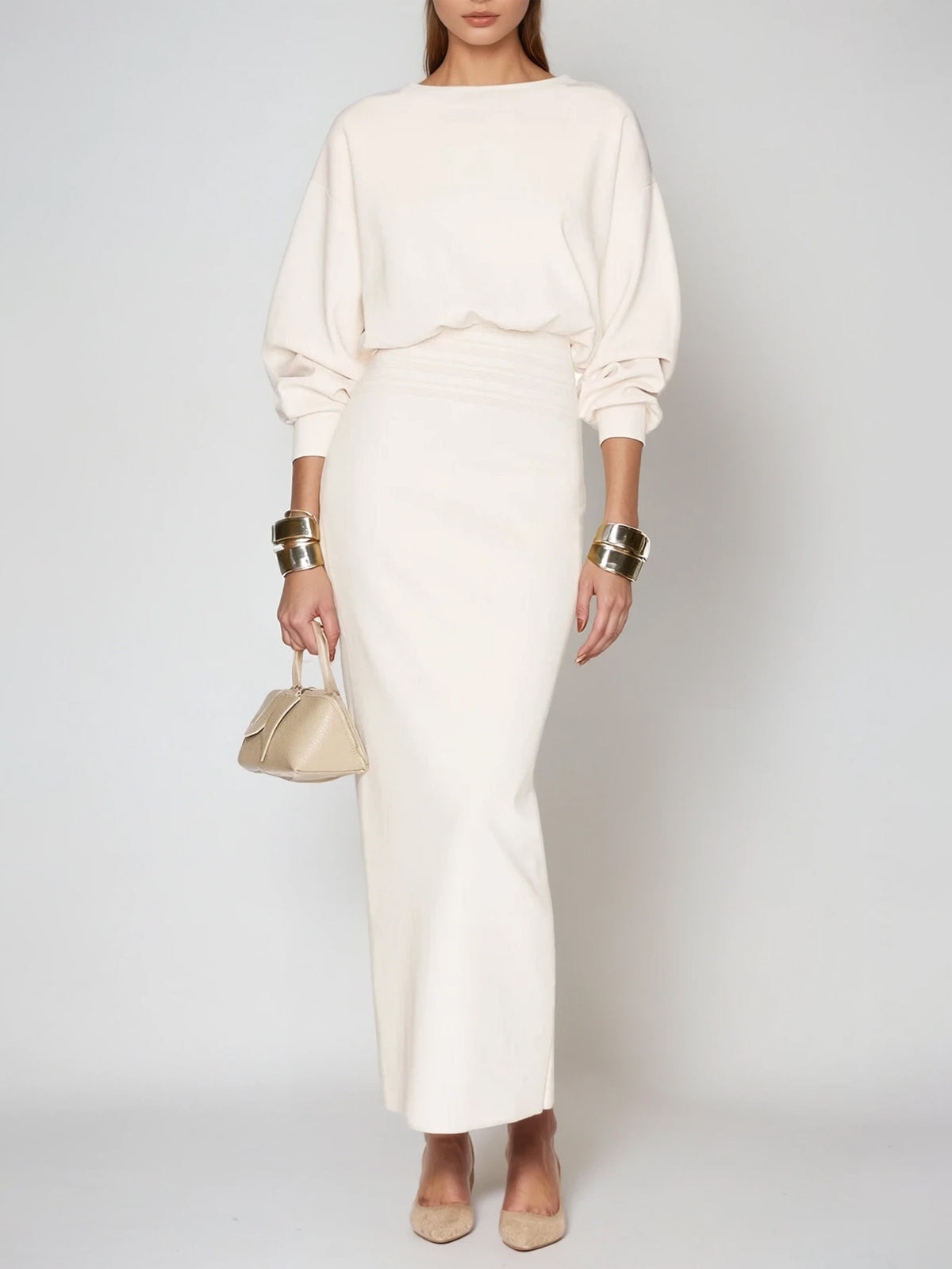 Architectural Dolman-Sleeve Column Maxi Dress - Whie