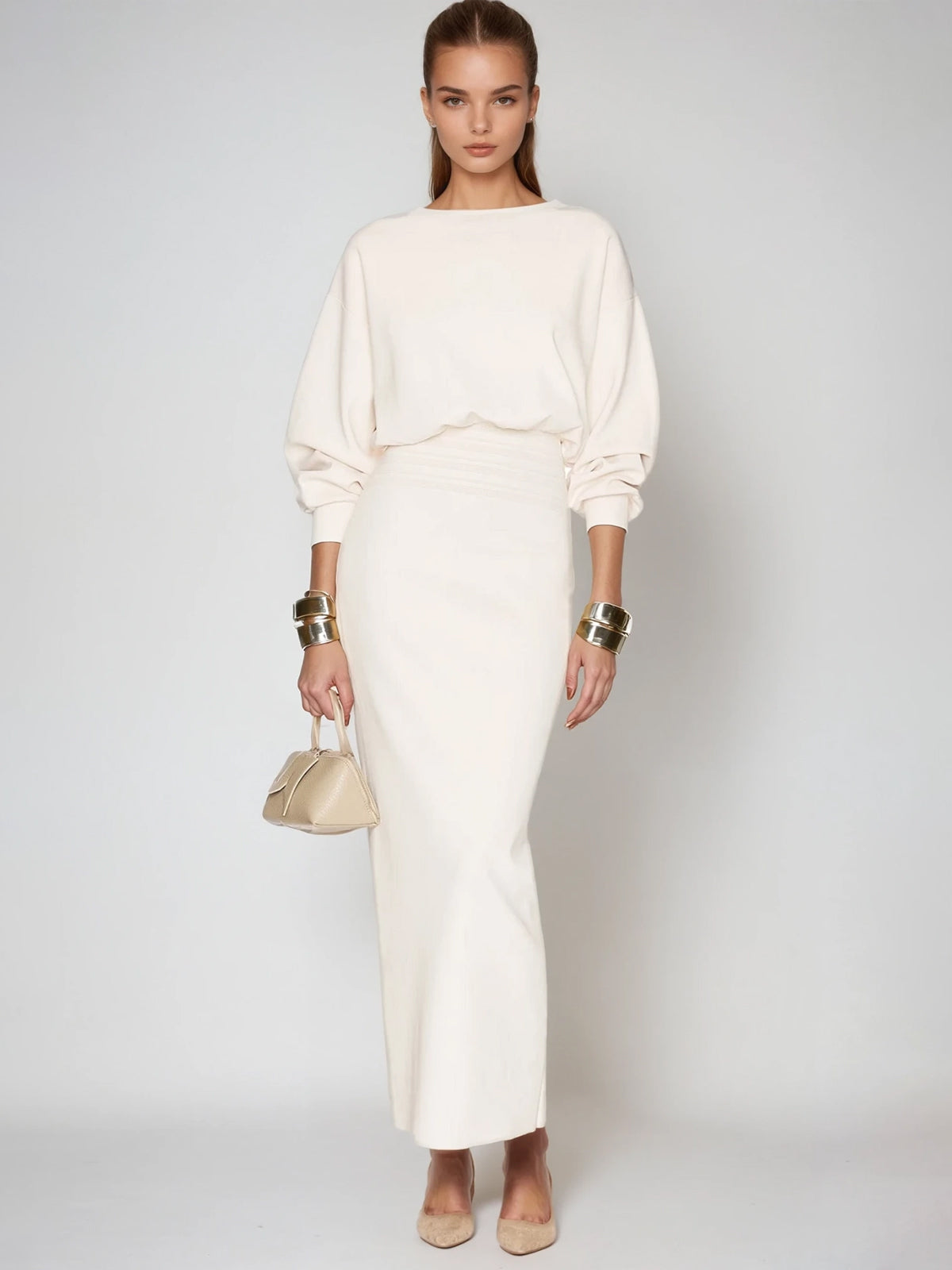 Architectural Dolman-Sleeve Column Maxi Dress - Whie