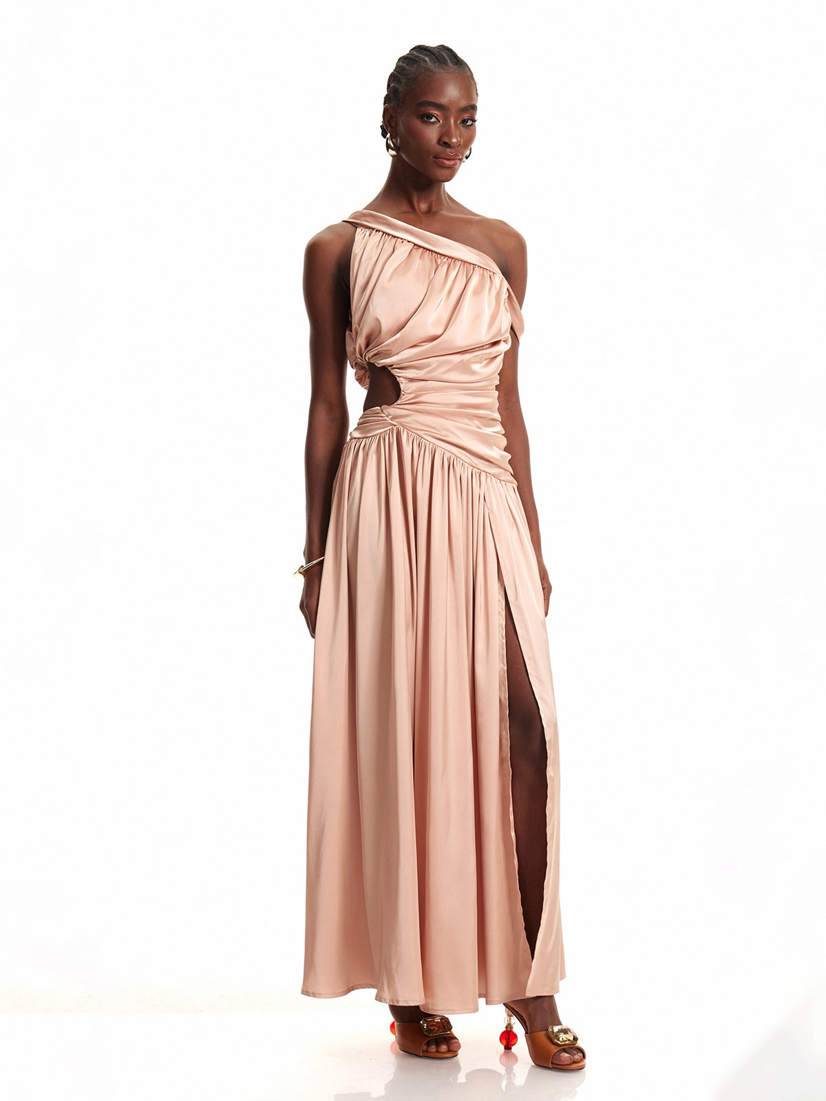 Architectural One-Shoulder Draped Satin Maxi Dress