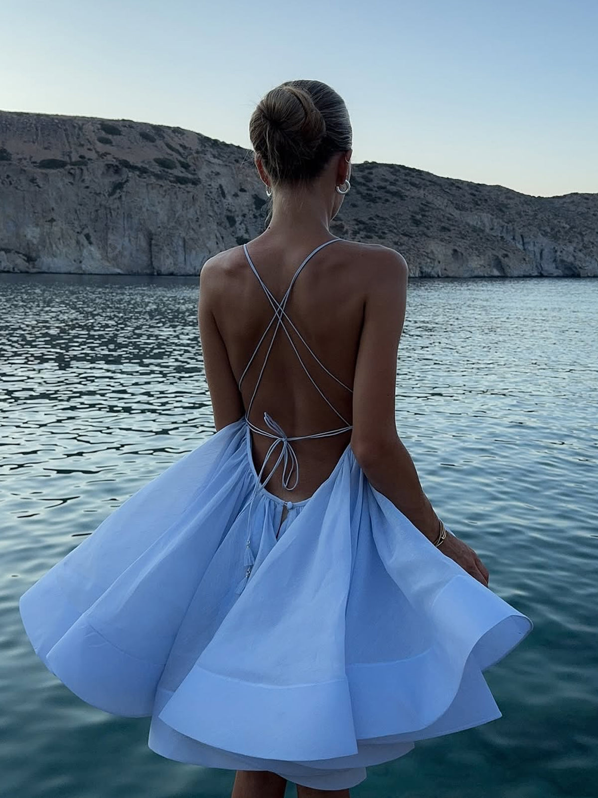 Moonlight Swan Backless Mini Dress in Blue