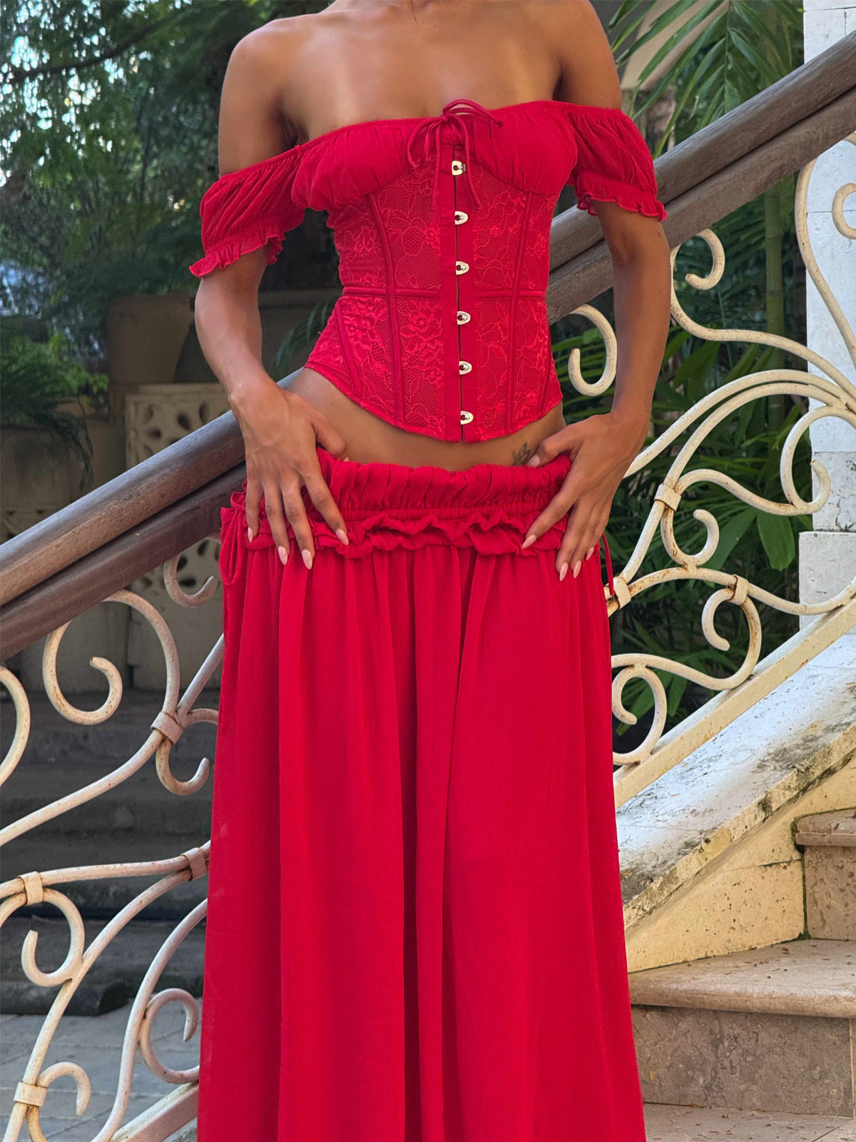 Soft Girl Corset Maxi Skirt Set Red