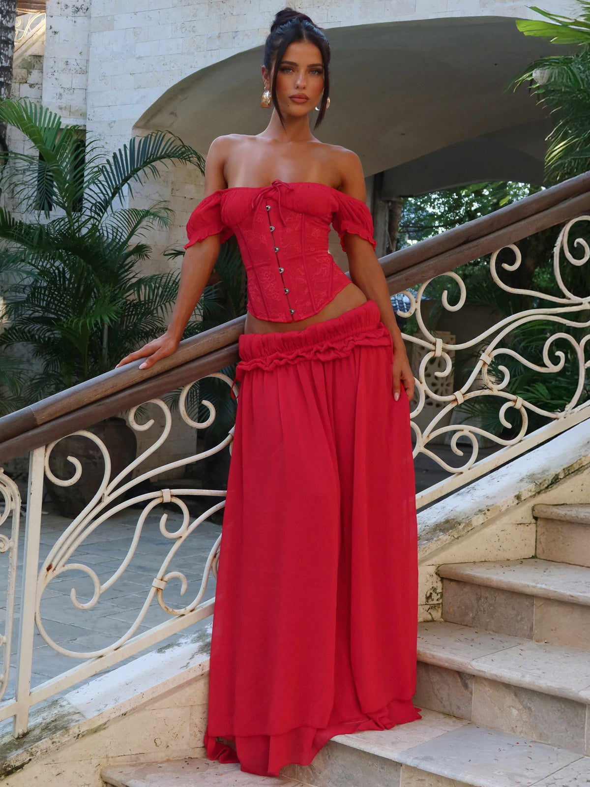 Soft Girl Corset Maxi Skirt Set Red