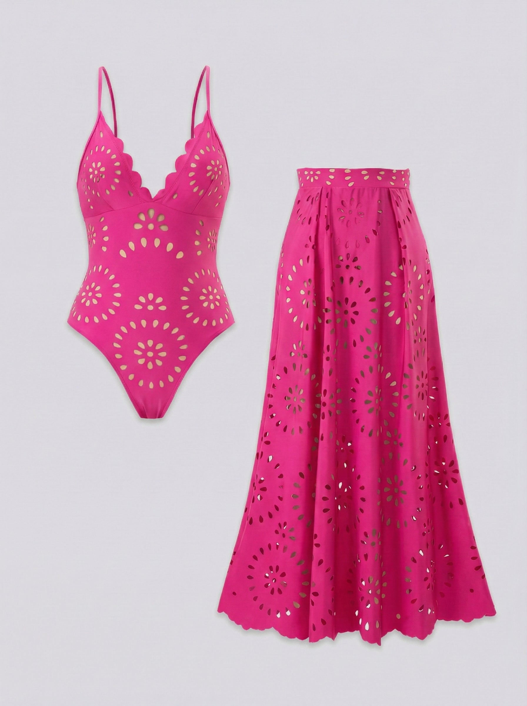Hot Pink Scalloped Eyelet Plunging Swimsuit Set