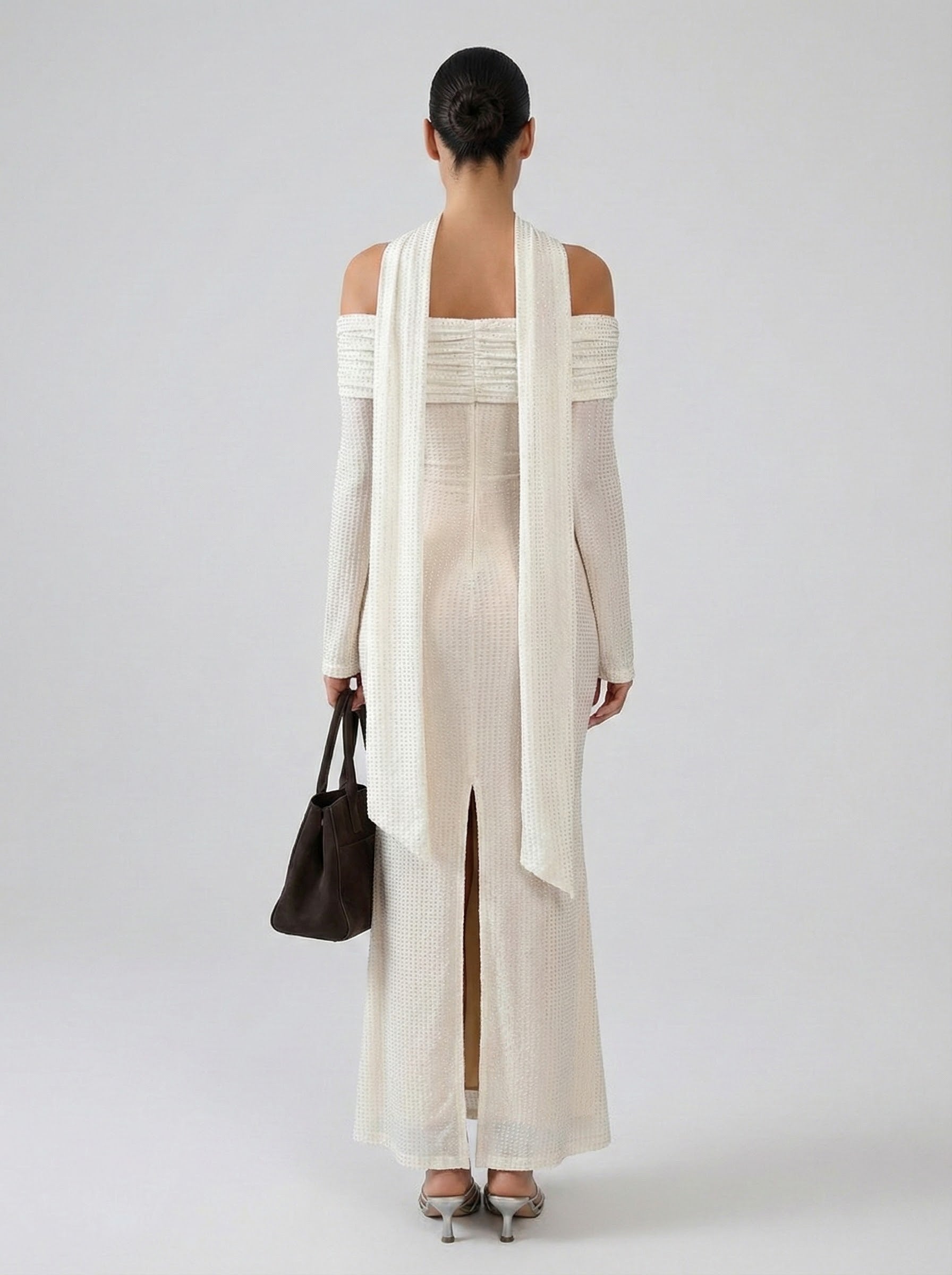 All-over Sparkling Mesh Column  Off-the-Shoulder Maxi Dress