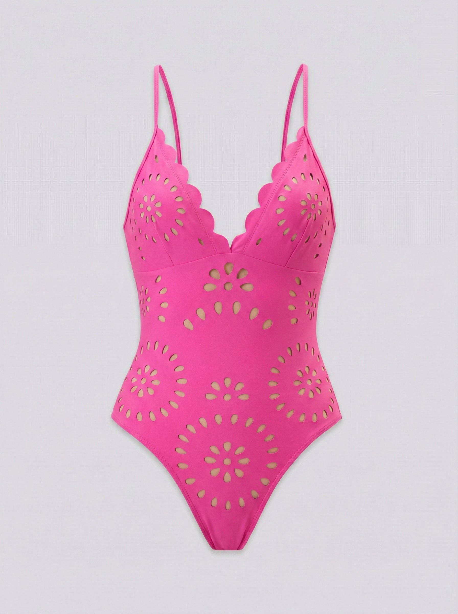 Hot Pink Scalloped Eyelet Plunging Swimsuit Set