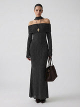 All-over Sparkling Mesh Column  Off-the-Shoulder Maxi Dress
