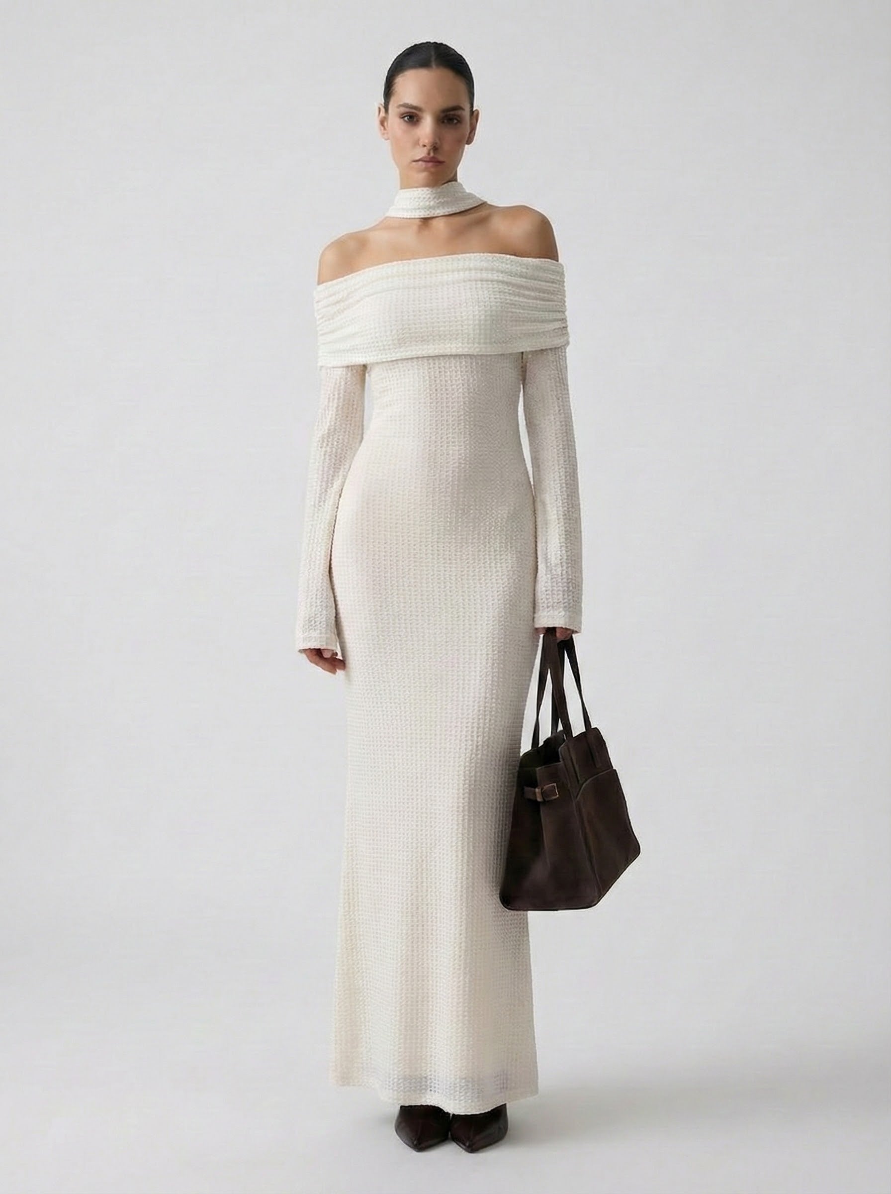 All-over Sparkling Mesh Column  Off-the-Shoulder Maxi Dress