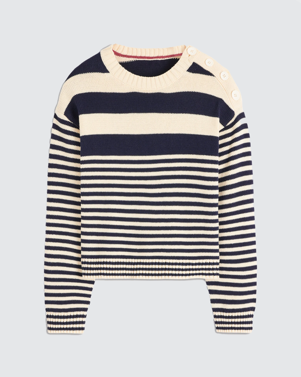 Stripe Button-Shoulder Knit Sweater