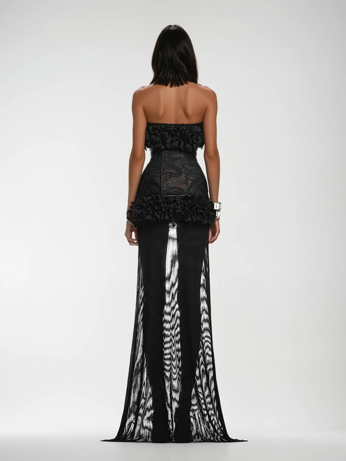 Kacia Strapless Ruffle Mesh Maxi Dress In Black