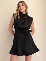 Cowl Neck Belted Sleeveless Ruffle Hem Mini Dress