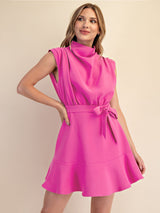 Cowl Neck Belted Sleeveless Ruffle Hem Mini Dress