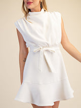 Cowl Neck Belted Sleeveless Ruffle Hem Mini Dress
