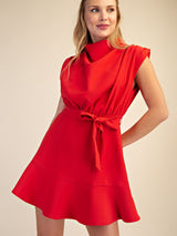 Cowl Neck Belted Sleeveless Ruffle Hem Mini Dress