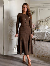 Long Sleeve Hollow-Out Jewel Button Midi Dress