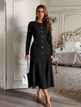 Long Sleeve Hollow-Out Jewel Button Midi Dress