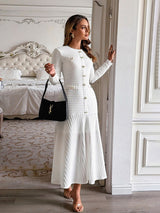 Long Sleeve Hollow-Out Jewel Button Midi Dress