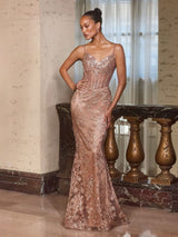 Spaghetti Strap Sheer Corset Sequin Lace Mermaid Gown Maxi Dress