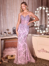 Spaghetti Strap Sheer Corset Sequin Lace Mermaid Gown Maxi Dress