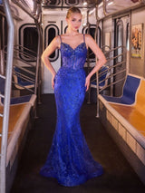 Spaghetti Strap Sheer Corset Sequin Lace Mermaid Gown Maxi Dress