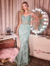 Spaghetti Strap Sheer Corset Sequin Lace Mermaid Gown Maxi Dress