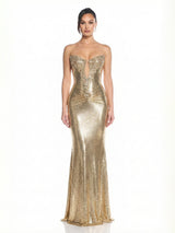 Strapless Metallic Sequin Mermaid Gown Corset Prom Maxi Dress