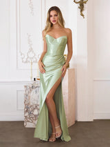 Satin Strapless High Slit Corset Gown Maxi Dress