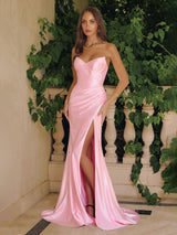 Satin Strapless High Slit Corset Gown Maxi Dress
