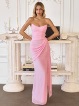 Strapless Ruched Chiffon Gown Draped Slit Dress