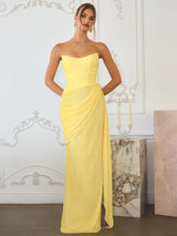Strapless Ruched Chiffon Gown Draped Slit Dress