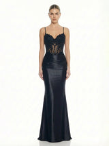 Beaded Lace Corset Satin Mermaid Gown Spaghetti Strap Maxi Dress