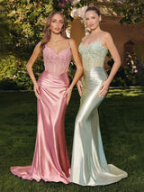 Beaded Lace Corset Satin Mermaid Gown Spaghetti Strap Maxi Dress