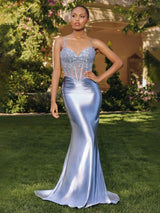 Beaded Lace Corset Satin Mermaid Gown Spaghetti Strap Maxi Dress