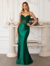 Beaded Lace Corset Satin Mermaid Gown Spaghetti Strap Maxi Dress