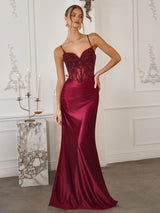 Beaded Lace Corset Satin Mermaid Gown Spaghetti Strap Maxi Dress