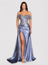 Off-Shoulder Beaded Corset Satin Gown High Slit Maxi Dress